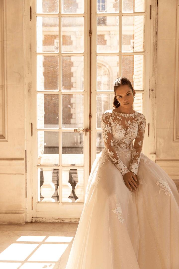 Elegant Ivory A-Line Wedding Dress - Floral Appliqué Corset Wedding Dress with Long Sleeves Plus Size - WonderlandByLilian