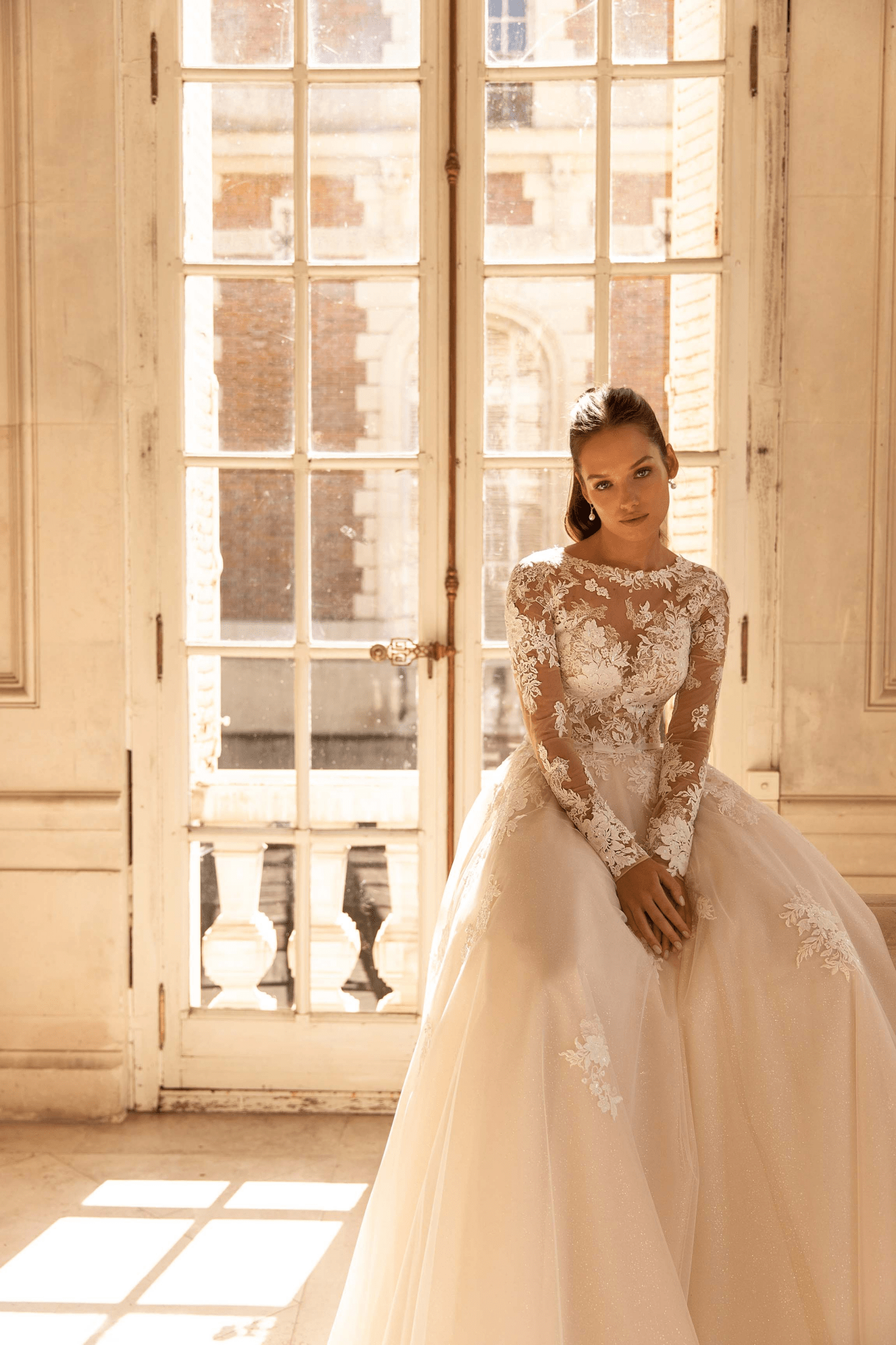 Elegant Ivory A-Line Wedding Dress - Floral Appliqué Corset Wedding Dress with Long Sleeves Plus Size - WonderlandByLilian