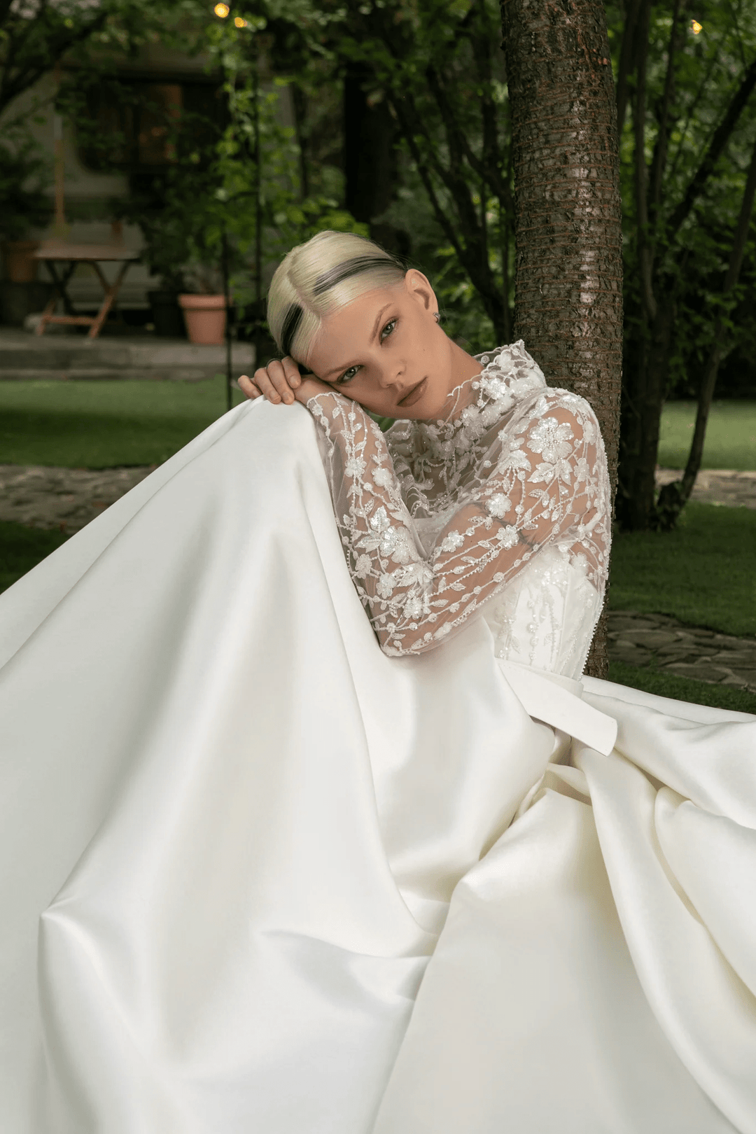 Elegant Ivory A - Line Wedding Gown with High - Neck Lace Bodice – Long Sleeves Wedding Dress with Floral Appliques Plus Size - Miranda - WonderlandByLilian