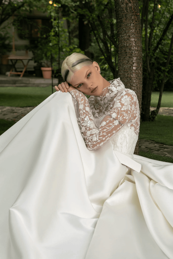 Elegant Ivory A - Line Wedding Gown with High - Neck Lace Bodice – Long Sleeves Wedding Dress with Floral Appliques Plus Size - Miranda - WonderlandByLilian