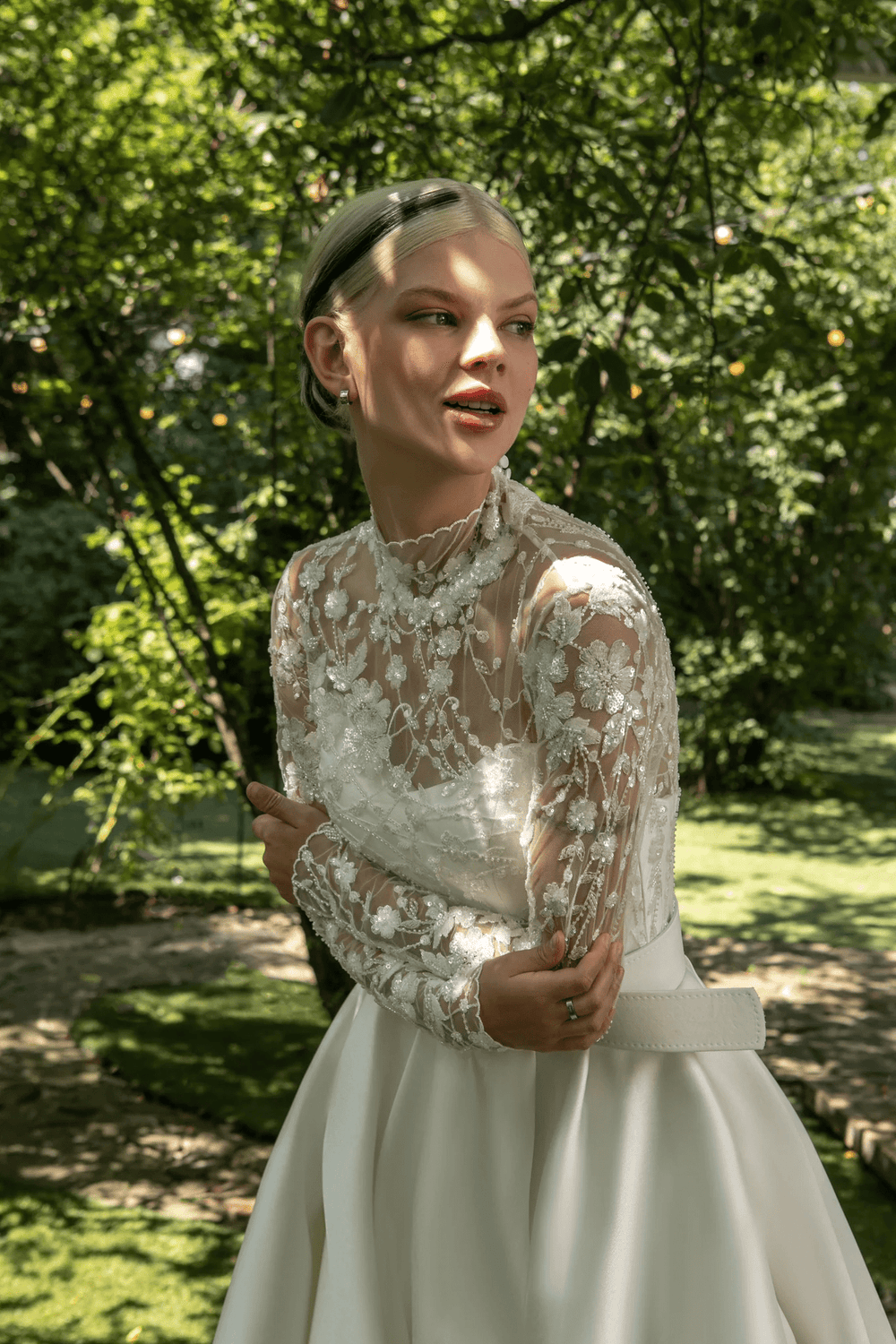 Elegant Ivory A - Line Wedding Gown with High - Neck Lace Bodice – Long Sleeves Wedding Dress with Floral Appliques Plus Size - Miranda - WonderlandByLilian