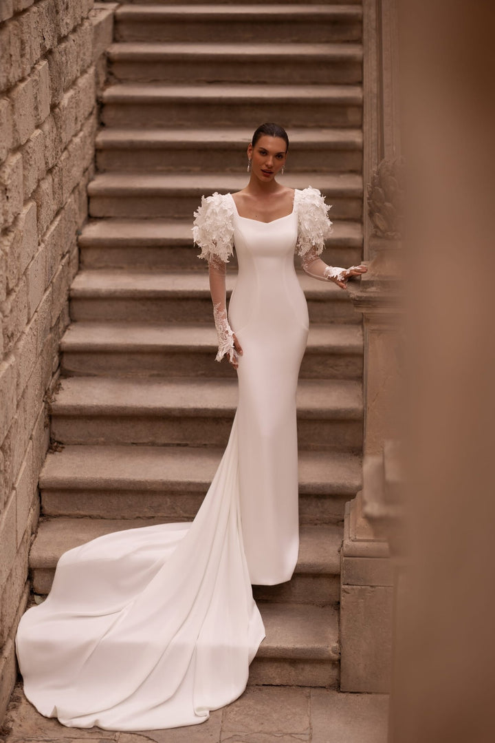 Elegant Ivory Mermaid Bridal Gown with Lace-Adorned Long Sleeves and Sculpted Waist, Plus Size Available - WonderlandByLilian