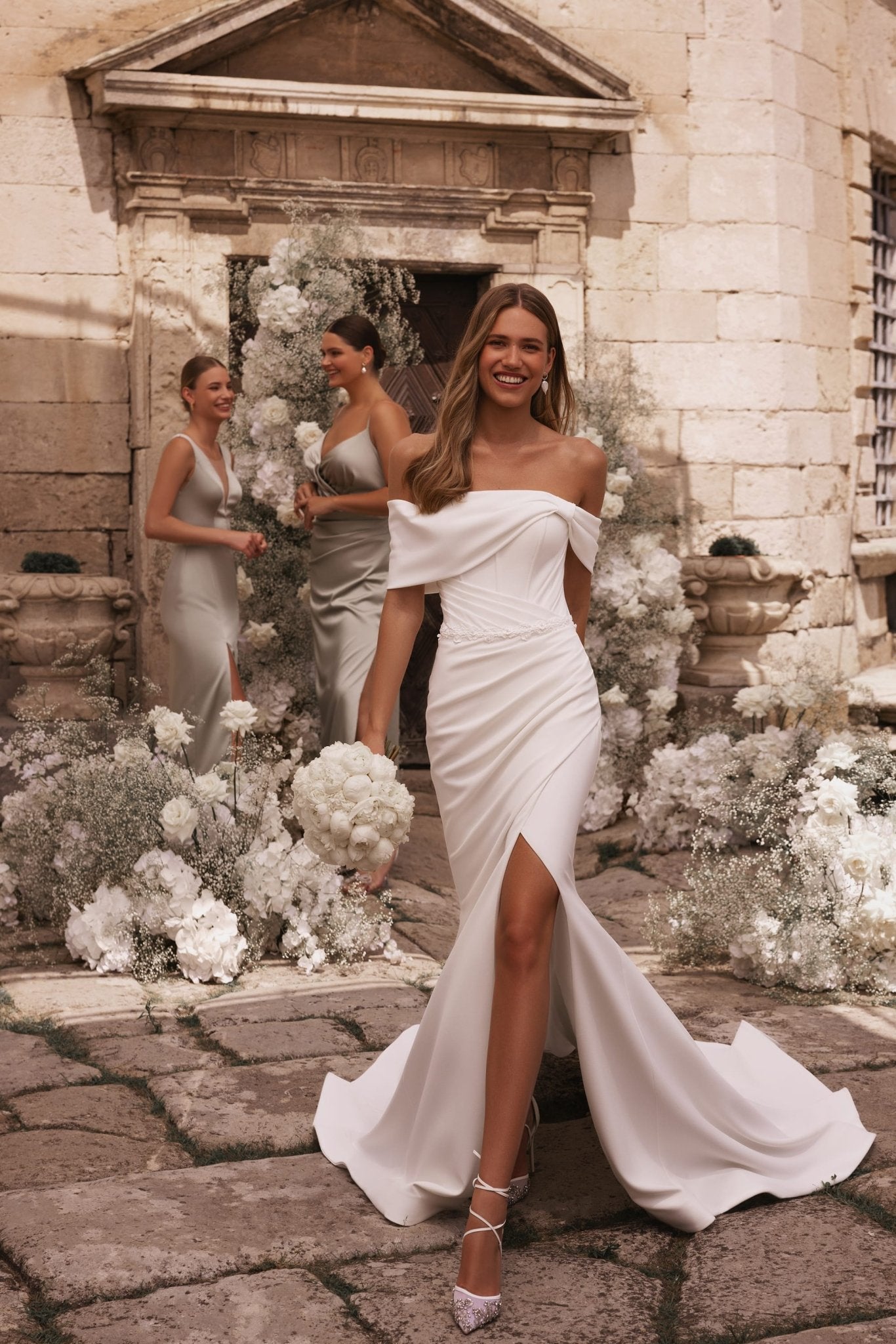 Elegant Ivory Off-Shoulder Bridal Gown with Romantic Slit Plus Size - WonderlandByLilian