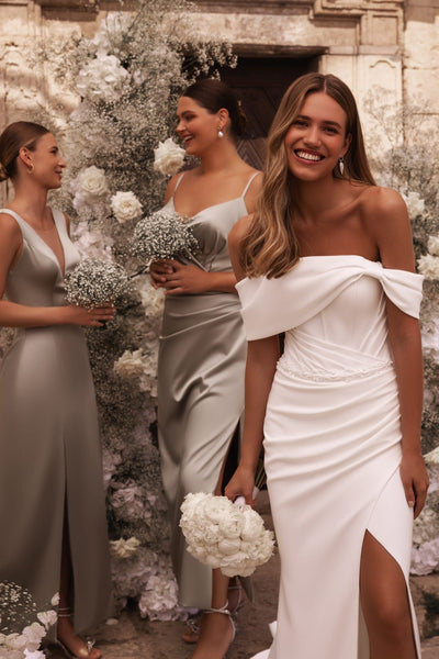 Elegant Ivory Off-Shoulder Bridal Gown with Romantic Slit Plus Size - WonderlandByLilian