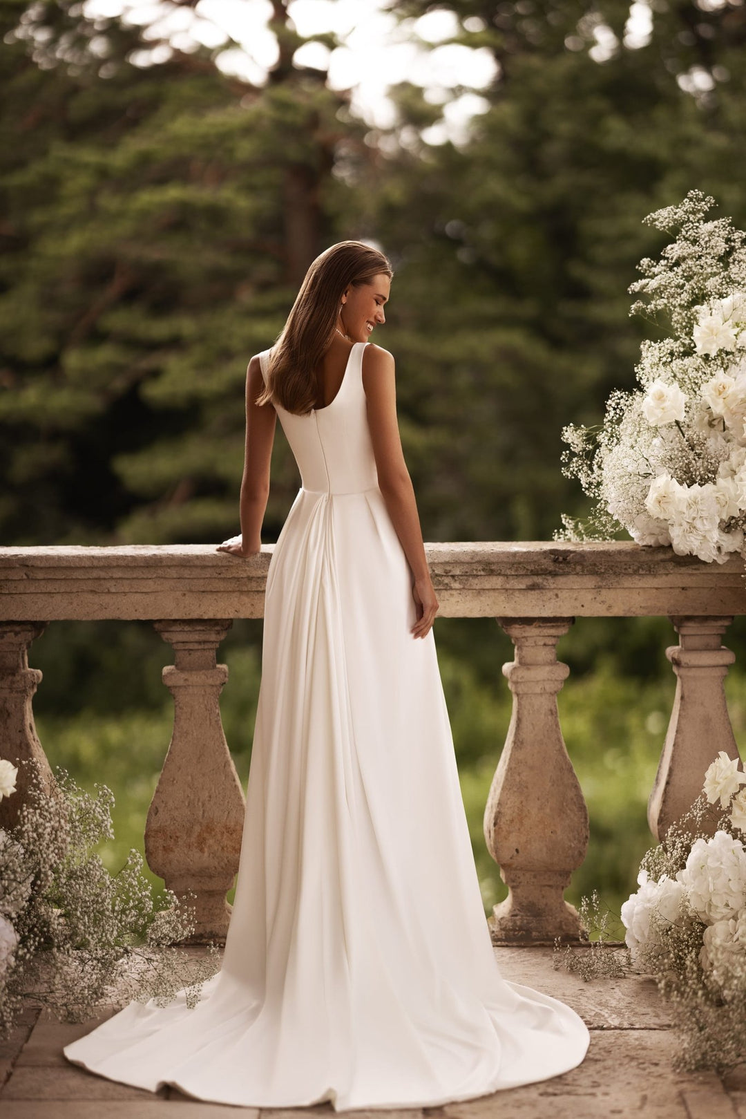 Elegant Ivory Satin Wedding Dress with Square Neck Accentuated Waist and Extended Train Plus Size - WonderlandByLilian