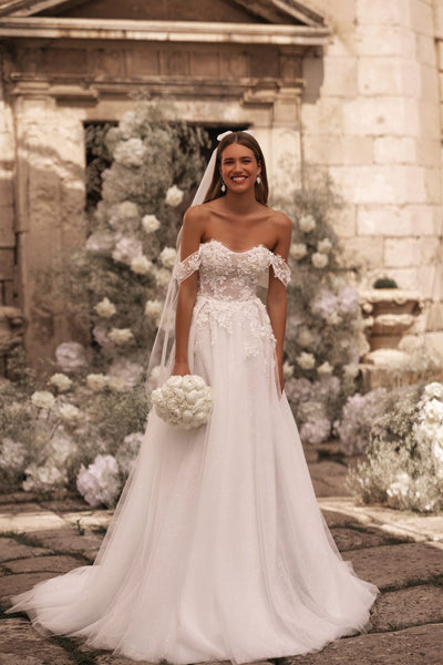 Elegant Ivory Wedding Gown with Floral Embroidery and Beaded Accents Featuring Graceful Leg Slit - Plus Size - WonderlandByLilian