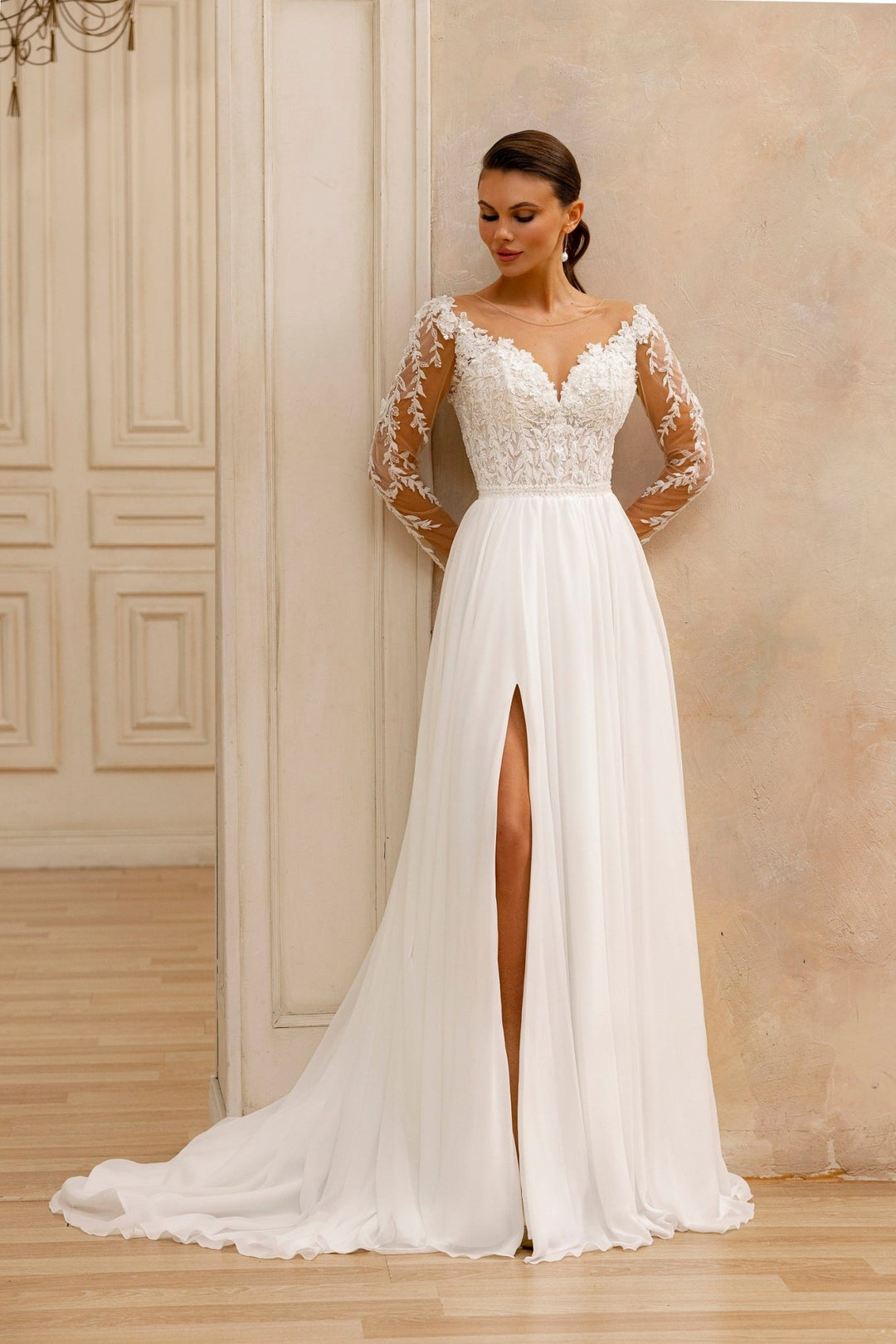 Long Sleeves Lace V-neck Wedding Dresses, Elegant High Slit Popular Wedding Dresses Long Sleeves Lace V-neck Wedding Dresses, Elegant High Slit Popular Wedding Dresses
