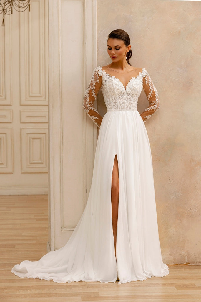 Elegant Lace Applique A-Line Wedding Dress with High-Leg Slit Plus Size Size 16