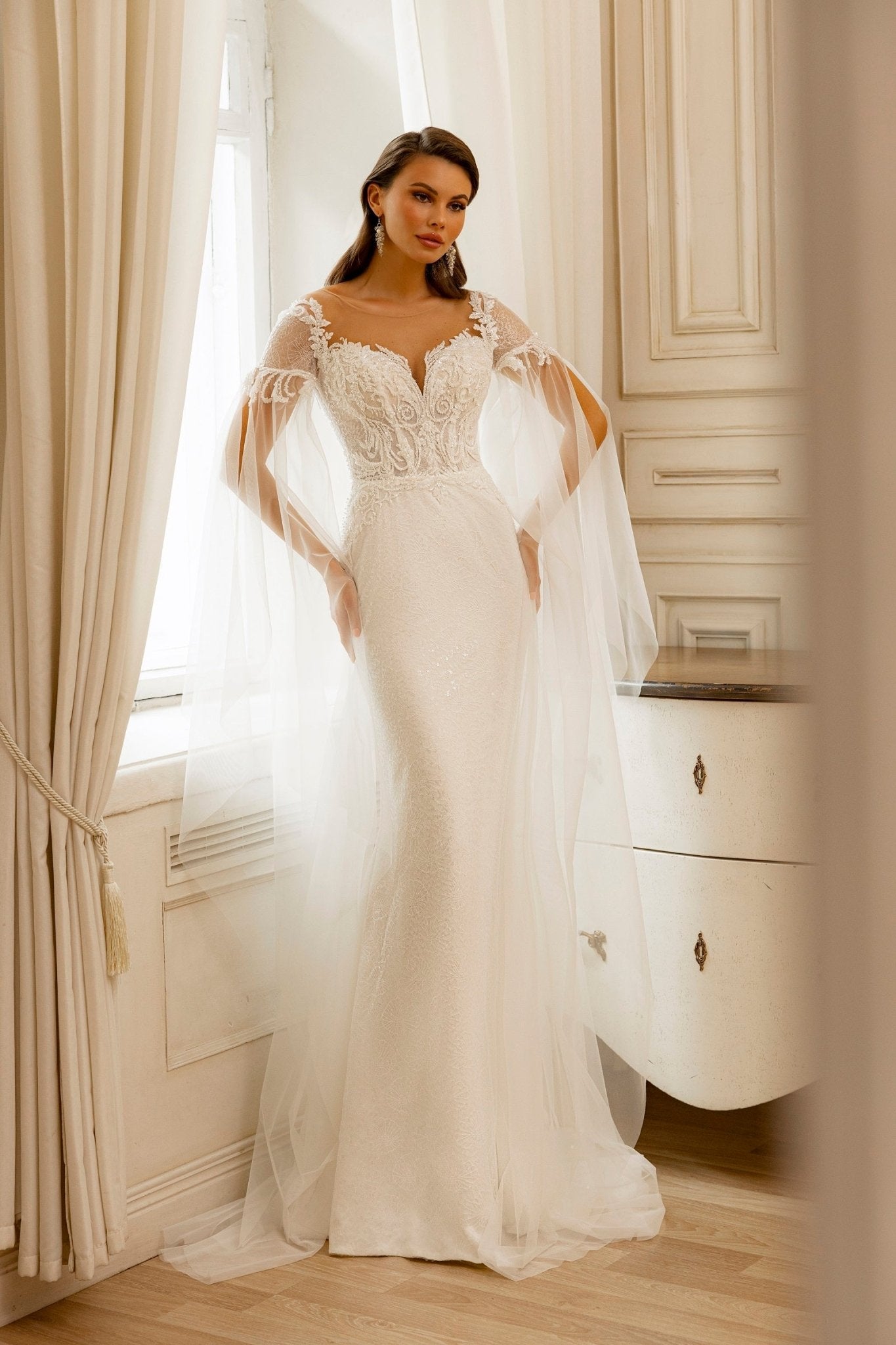 Elegant Lace Appliqué Mermaid Wedding Dress with Tulle Sleeves Plus Size - WonderlandByLilian