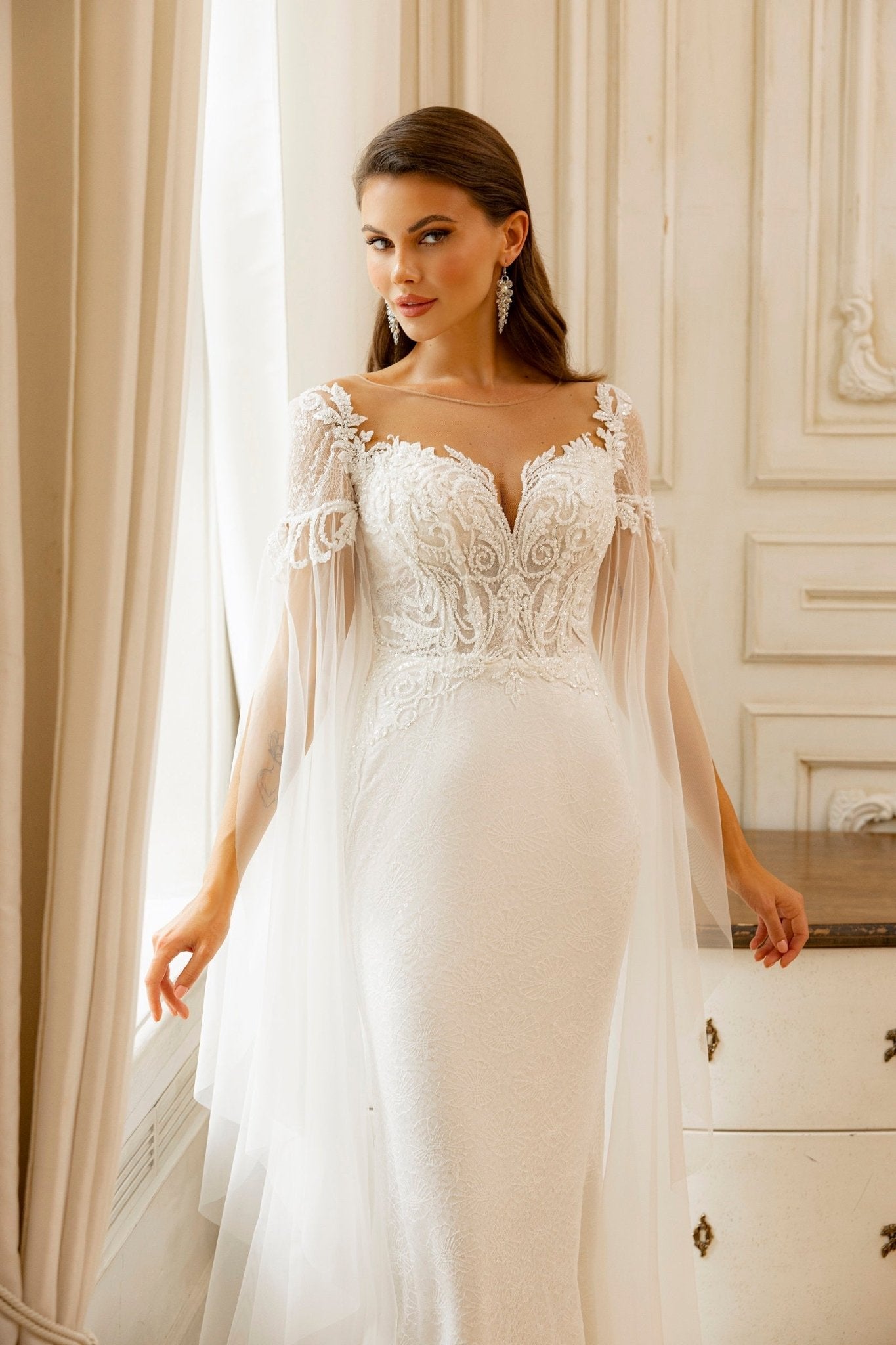 Elegant Lace Appliqué Mermaid Wedding Dress with Tulle Sleeves Plus Size - WonderlandByLilian