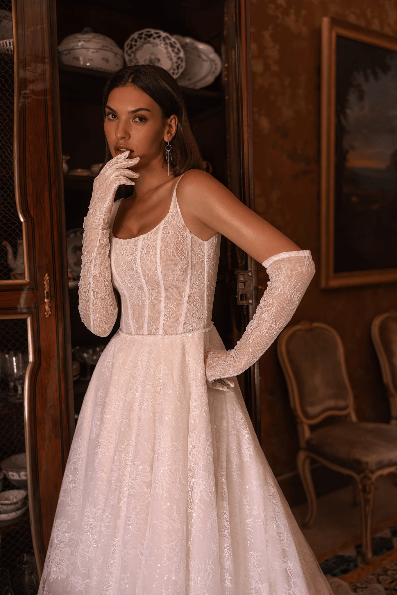 Elegant Lace Wedding Gown with Long Train and Matching Gloves - Wedding Dress with Straps and Lace Plus Size - WonderlandByLilian