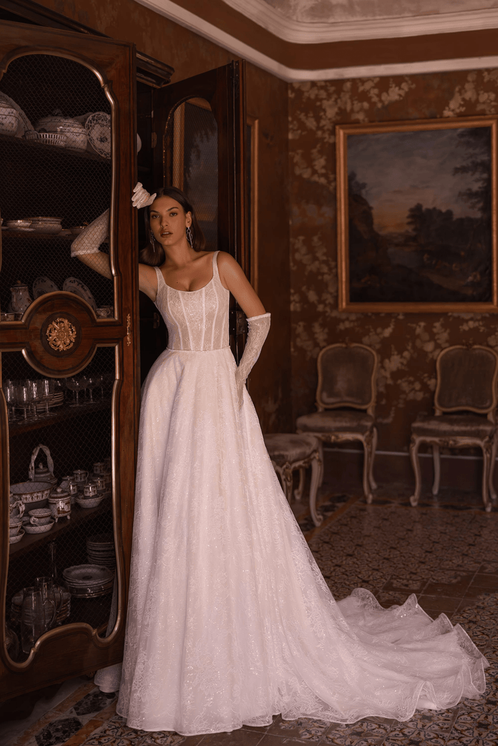 Elegant Lace Wedding Gown with Long Train and Matching Gloves - Wedding Dress with Straps and Lace Plus Size - WonderlandByLilian