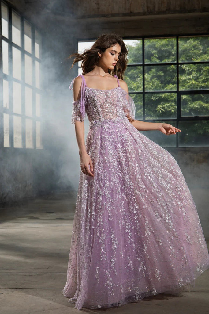 Elegant Lavender Purple Sequin Evening Gown with Floral Details