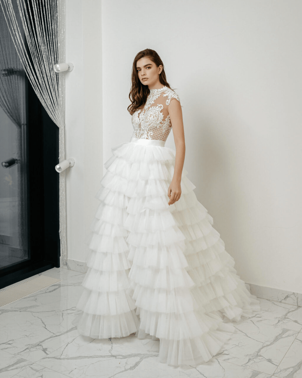 Elegant Layered Tulle Ruffle Dress - Floral Applique Wedding Dress Plus Size - FRANCESCA - WonderlandByLilian