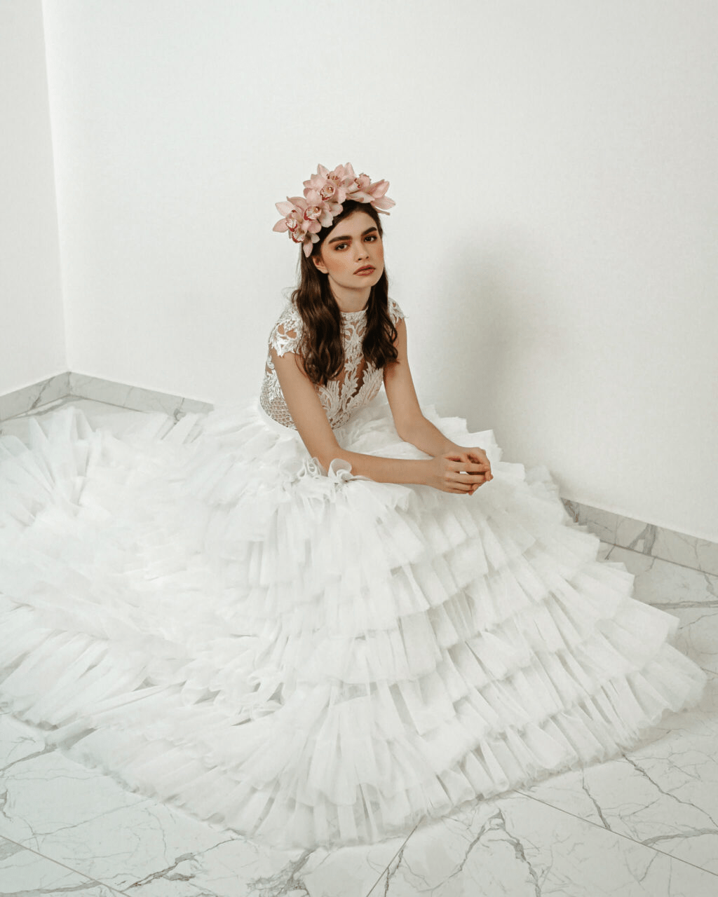 Elegant Layered Tulle Ruffle Dress - Floral Applique Wedding Dress Plus Size - FRANCESCA - WonderlandByLilian