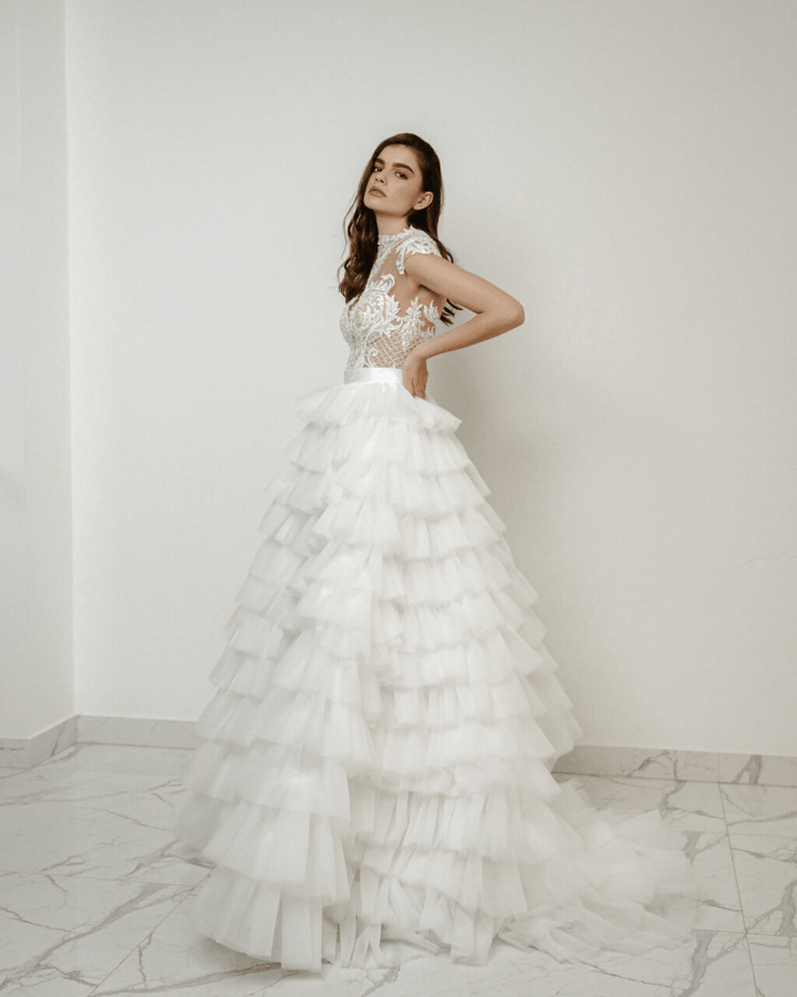 Elegant Layered Tulle Ruffle Dress - Floral Applique Wedding Dress Plus Size - FRANCESCA - WonderlandByLilian