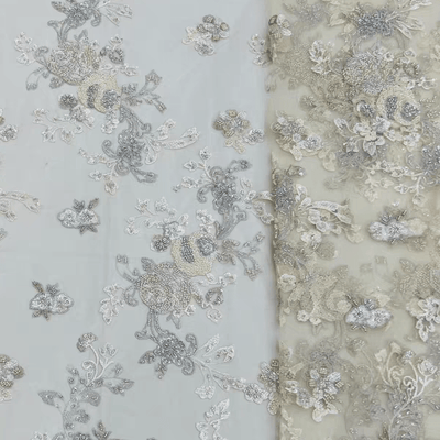 Elegant Light Blue Floral Embroidered Tulle with Sequins Fabric - WonderlandByLilian