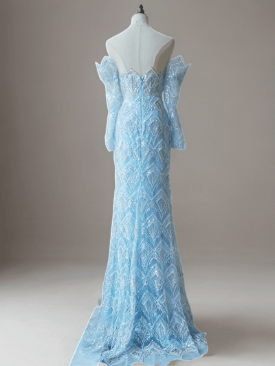 Elegant Light Blue Off-Shoulder Sequin Evening Dress - Blue Pretty Sequin Dress and Beaded Embellished Evening Gown Plus Size - WonderlandByLilian