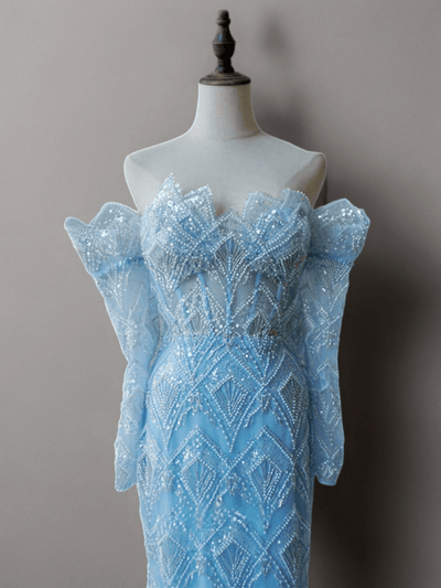 Elegant Light Blue Off-Shoulder Sequin Evening Dress - Blue Pretty Sequin Dress and Beaded Embellished Evening Gown Plus Size - WonderlandByLilian