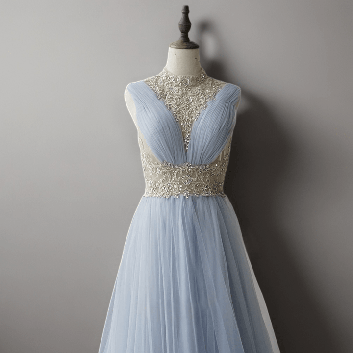 Elegant Light Blue Pretty Sequin Dress - Chiffon Dress with Embellished Bodice - High Neck Sequin Evening Gown Plus Size - WonderlandByLilian