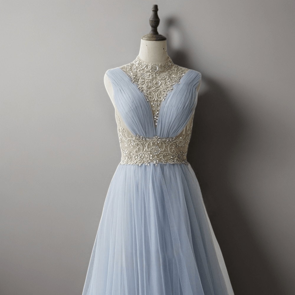 Elegant Light Blue Pretty Sequin Dress - Chiffon Dress with Embellished Bodice - High Neck Sequin Evening Gown Plus Size Size 20W / Blue Elegant Light Blue Pretty Sequin Dress - Chiffon Dress with Embellished Bodice - High Neck Sequin Evening Gown Plus Size Size 20W / Blue