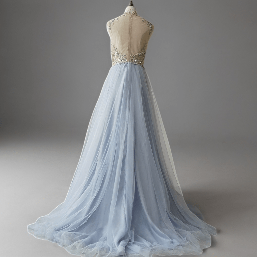 Elegant Light Blue Pretty Sequin Dress - Chiffon Dress with Embellished Bodice - High Neck Sequin Evening Gown Plus Size Size 20W / Blue Elegant Light Blue Pretty Sequin Dress - Chiffon Dress with Embellished Bodice - High Neck Sequin Evening Gown Plus Size Size 20W / Blue