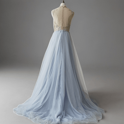Elegant Light Blue Pretty Sequin Dress - Chiffon Dress with Embellished Bodice - High Neck Sequin Evening Gown Plus Size - WonderlandByLilian