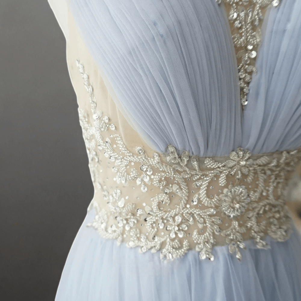 Elegant Light Blue Pretty Sequin Dress - Chiffon Dress with Embellished Bodice - High Neck Sequin Evening Gown Plus Size - WonderlandByLilian