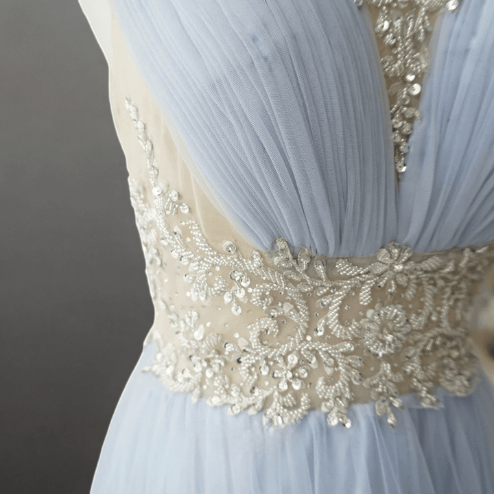 Elegant Light Blue Pretty Sequin Dress - Chiffon Dress with Embellished Bodice - High Neck Sequin Evening Gown Plus Size - WonderlandByLilian