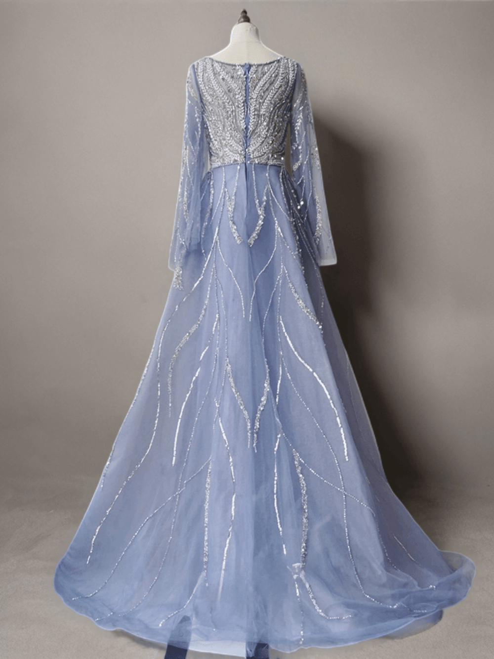 Elegant Light Blue Sequin Evening Gown with Tulle - Pretty Sequin Dress with Long Sleeves Plus Size - WonderlandByLilian