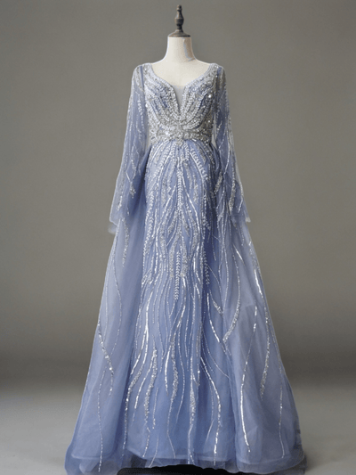 Elegant Light Blue Sequin Evening Gown with Tulle - Pretty Sequin Dress with Long Sleeves Plus Size - WonderlandByLilian