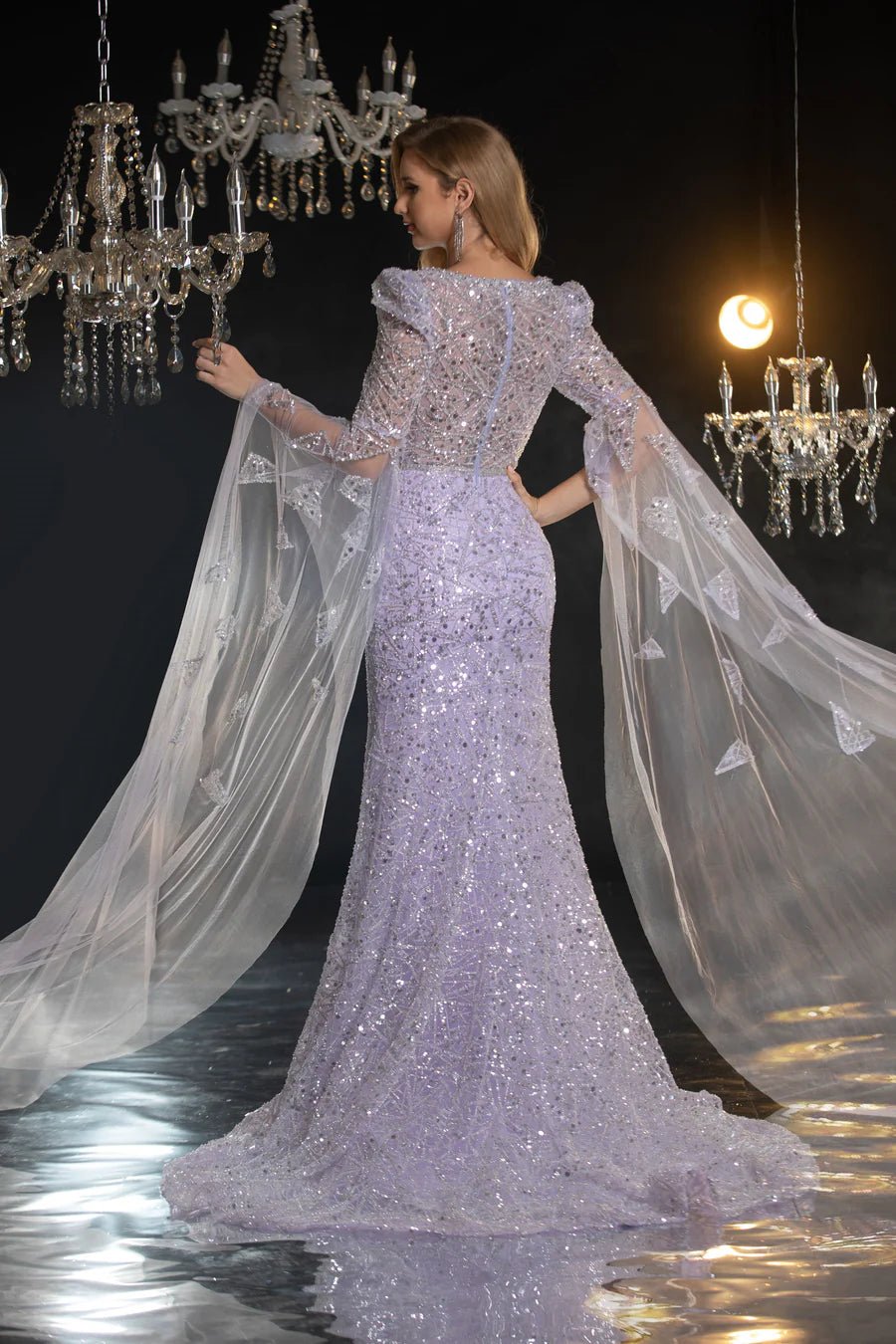 Elegant Light Purple Sequin Evening Gown with Flowing Cape Sleeves - Designer Sequin Gown and Pretty Glitter Dress Plus Size US 22 / Purple Elegant Light Purple Sequin Evening Gown with Flowing Cape Sleeves - Designer Sequin Gown and Pretty Glitter Dress Plus Size US 22 / Purple