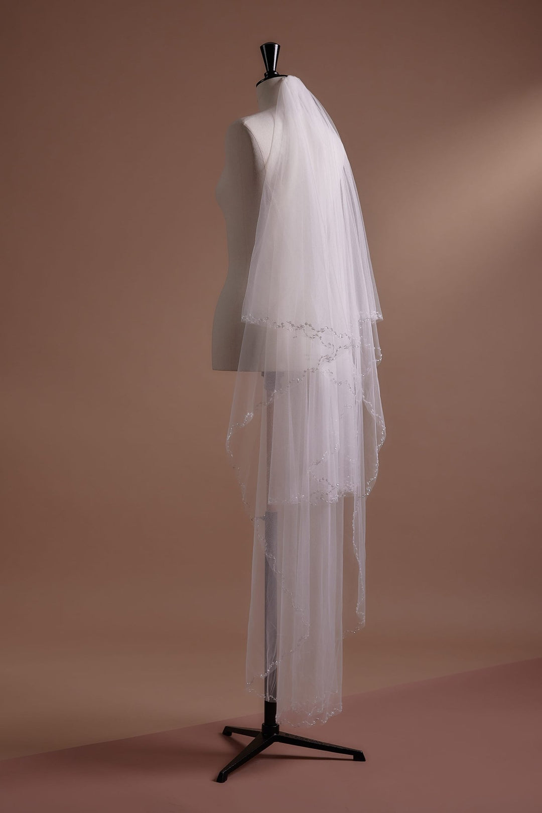 Elegant Long Wedding Veil with Crystal Embellishments and Cascading Tulle Layers - WonderlandByLilian