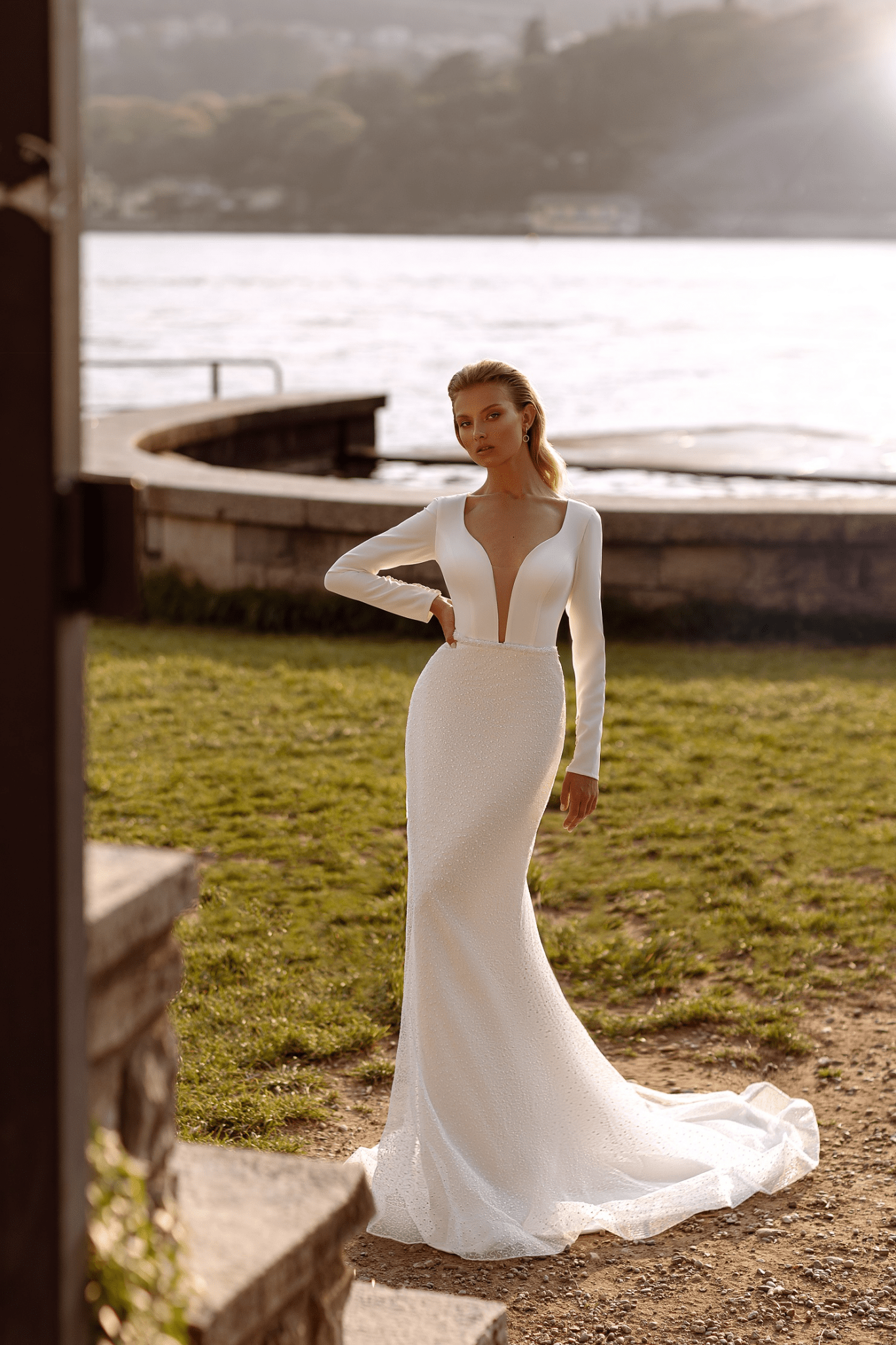 Elegant Mermaid Wedding Dress - Long Sleeve Wedding Dress - Plunging V - Neck Bridal Gown Plus Size - WonderlandByLilian