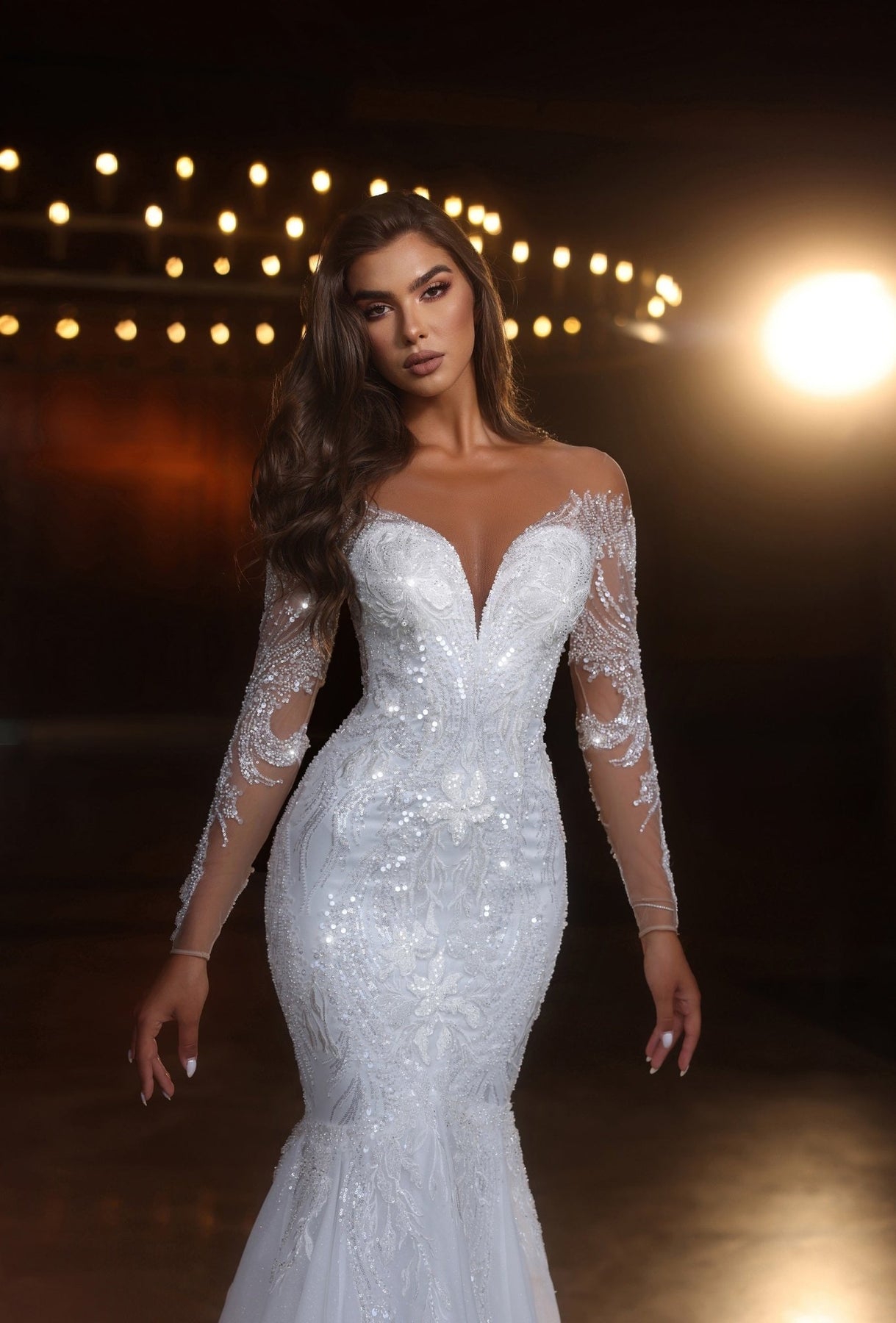 Elegant Mermaid Wedding Dress with Sheer Lace Sleeves and Tulle Skirt ...