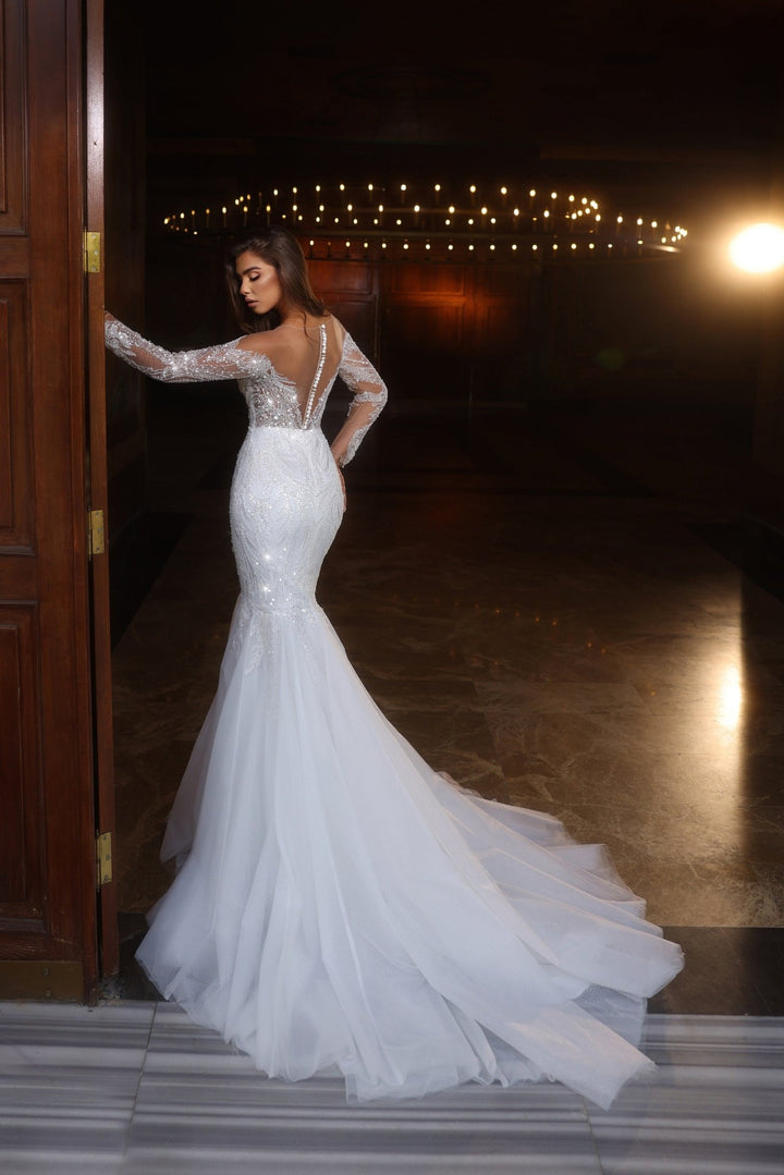 Elegant Mermaid Wedding Dress with Sheer Lace Sleeves and Tulle Skirt - Plus Size - WonderlandByLilian