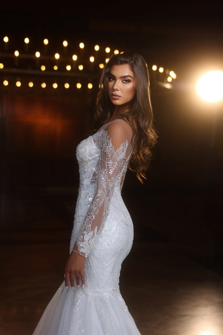 Elegant Mermaid Wedding Dress with Sheer Lace Sleeves and Tulle Skirt - Plus Size - WonderlandByLilian