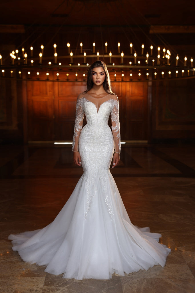 Elegant Mermaid Wedding Dress with Sheer Lace Sleeves and Tulle Skirt - Plus Size Size 10 Elegant Mermaid Wedding Dress with Sheer Lace Sleeves and Tulle Skirt - Plus Size Size 10