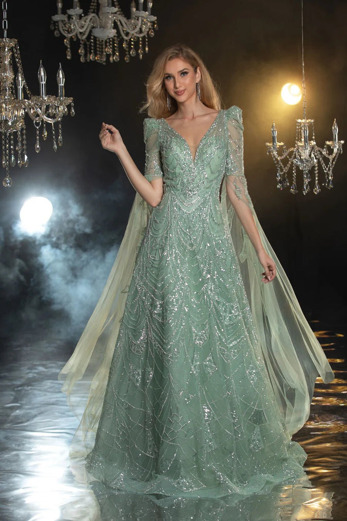 Elegant Mint Green Pretty Sequin Dress with Cape Sleeves - Designer Sequin Gown and Sequin Evening Gown Plus Size US 18 / Yellow Elegant Mint Green Pretty Sequin Dress with Cape Sleeves - Designer Sequin Gown and Sequin Evening Gown Plus Size US 18 / Yellow