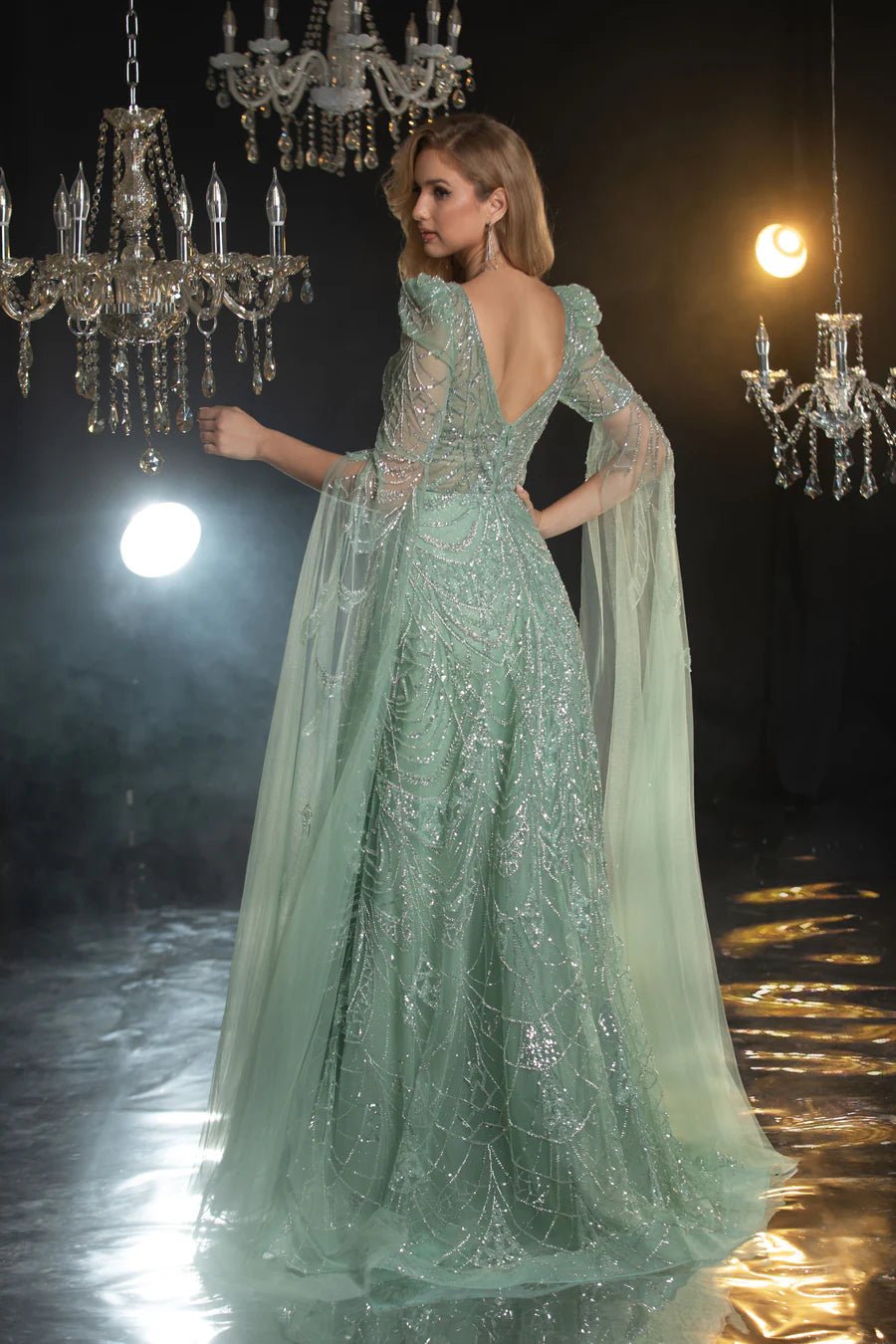 Elegant Mint Green Pretty Sequin Dress with Cape Sleeves - Designer Sequin Gown and Sequin Evening Gown Plus Size - WonderlandByLilian
