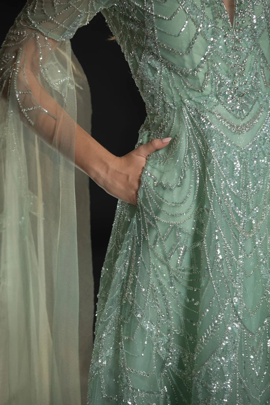 Elegant Mint Green Pretty Sequin Dress with Cape Sleeves - Designer Sequin Gown and Sequin Evening Gown Plus Size US 18 / Yellow Elegant Mint Green Pretty Sequin Dress with Cape Sleeves - Designer Sequin Gown and Sequin Evening Gown Plus Size US 18 / Yellow
