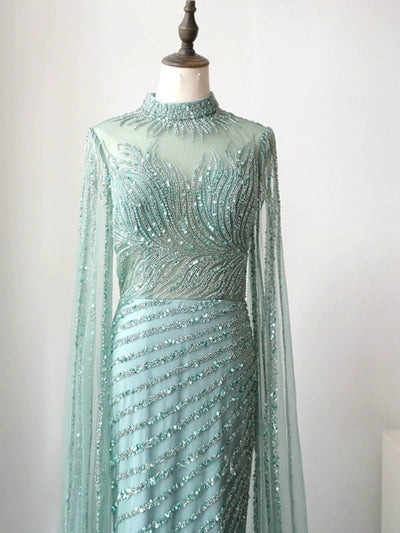 Elegant Mint Green Sequin Evening Gown and Pretty Sequin Dress - Embellished High Neck Dress with Flowing Sleeves Plus Size - WonderlandByLilian