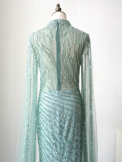Elegant Mint Green Sequin Evening Gown and Pretty Sequin Dress - Embellished High Neck Dress with Flowing Sleeves Plus Size - WonderlandByLilian