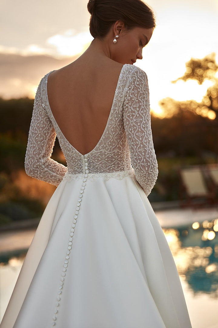 Elegant Modern Long Sleeve Wedding Gown with Lace Details and Beaded Corset – Plus Size Available - WonderlandByLilian