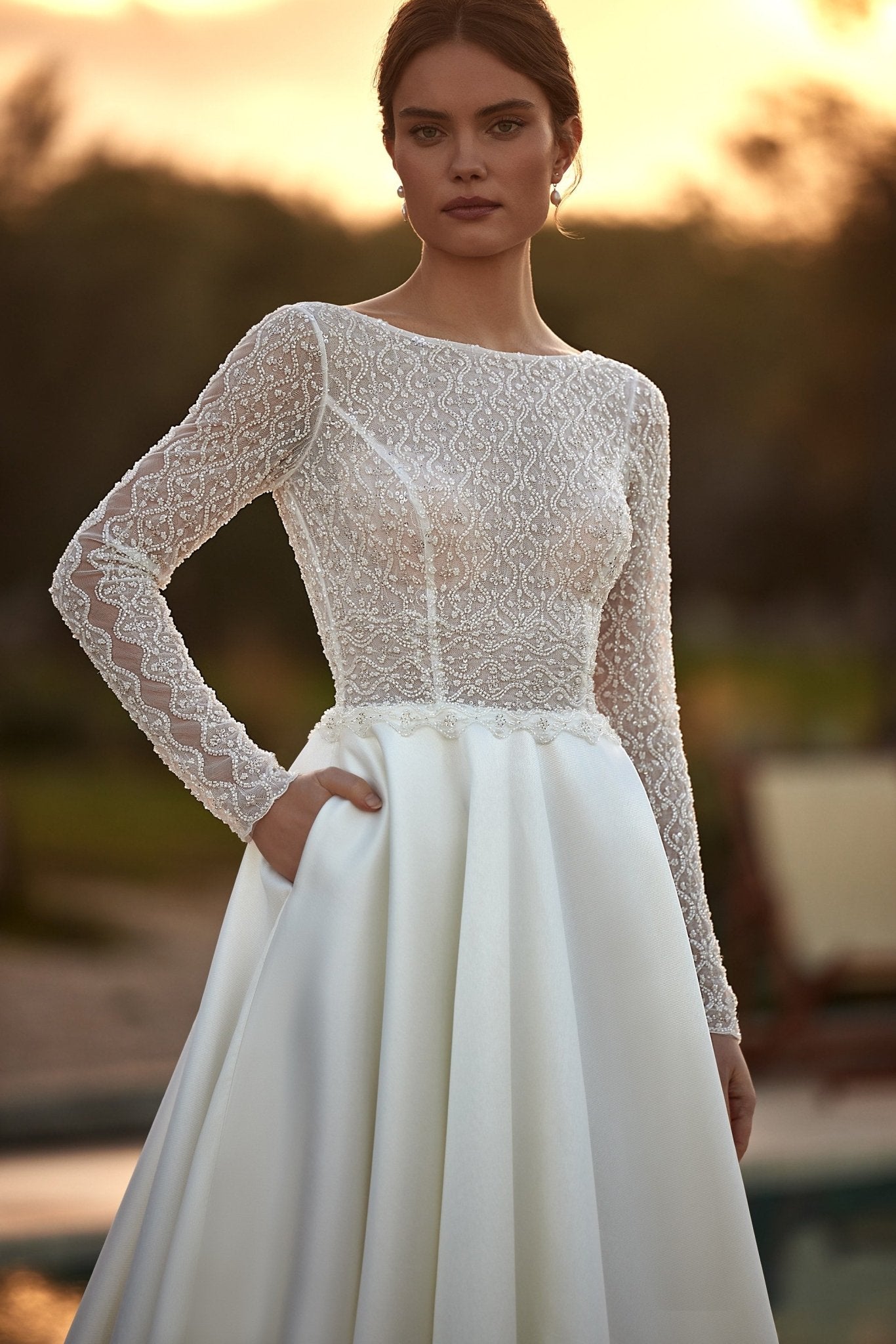 Elegant Modern Long Sleeve Wedding Gown with Lace Details and Beaded Corset – Plus Size Available - WonderlandByLilian