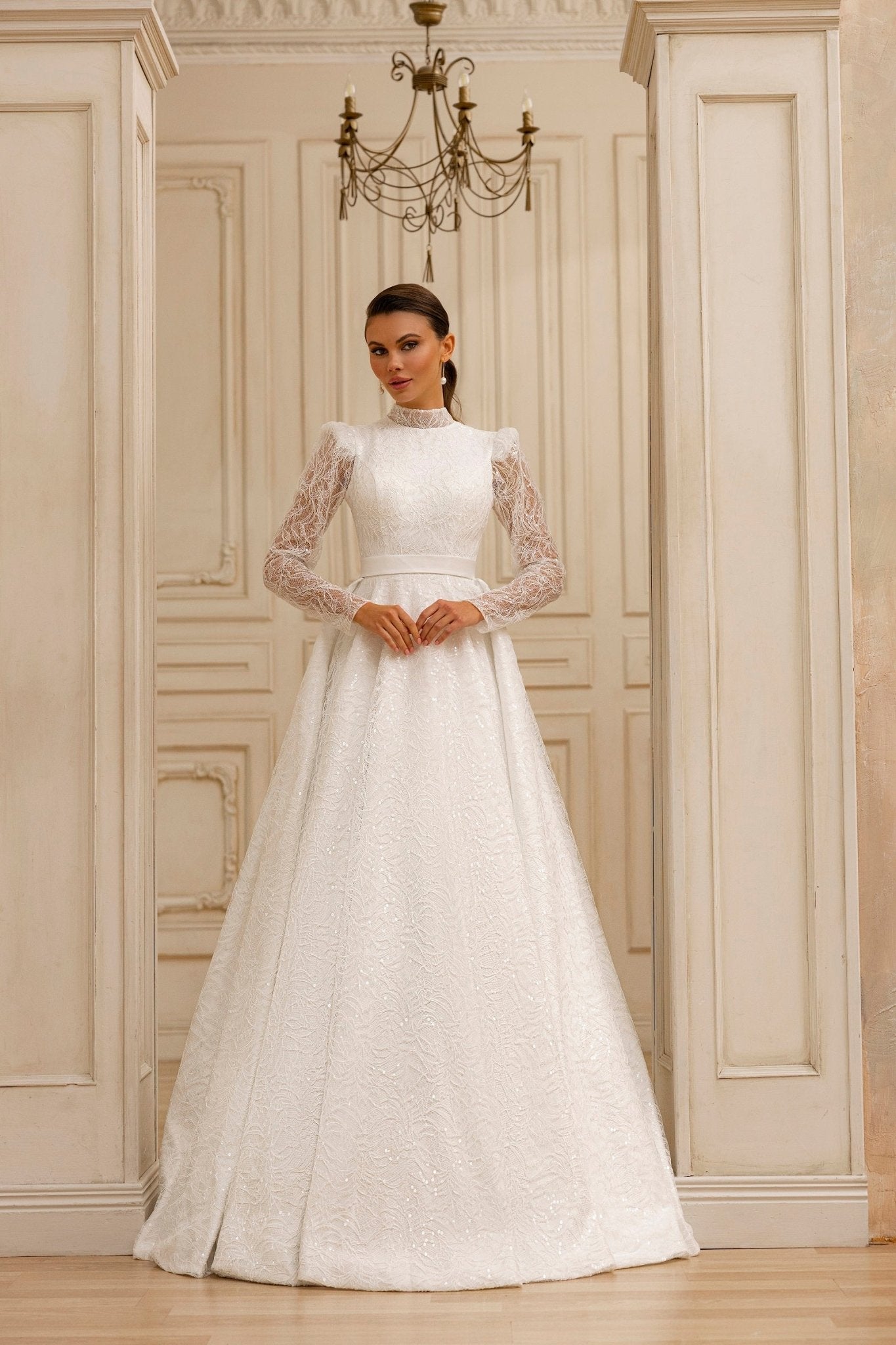 Elegant Modest High Neck A Line Wedding Dress with Lace Overlay and Su WonderlandByLilian