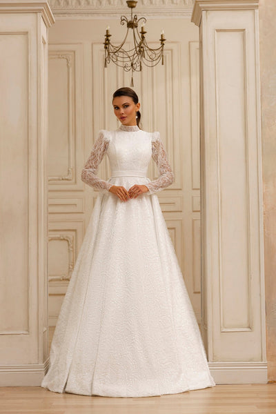 Elegant Modest High-Neck A-Line Wedding Dress with Lace Overlay and Subtle Train Plus Size Size 0