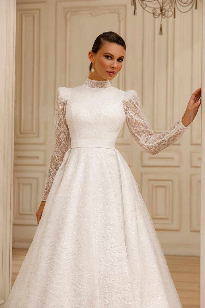 Elegant Modest High-Neck A-Line Wedding Dress with Lace Overlay and Subtle Train Plus Size - WonderlandByLilian