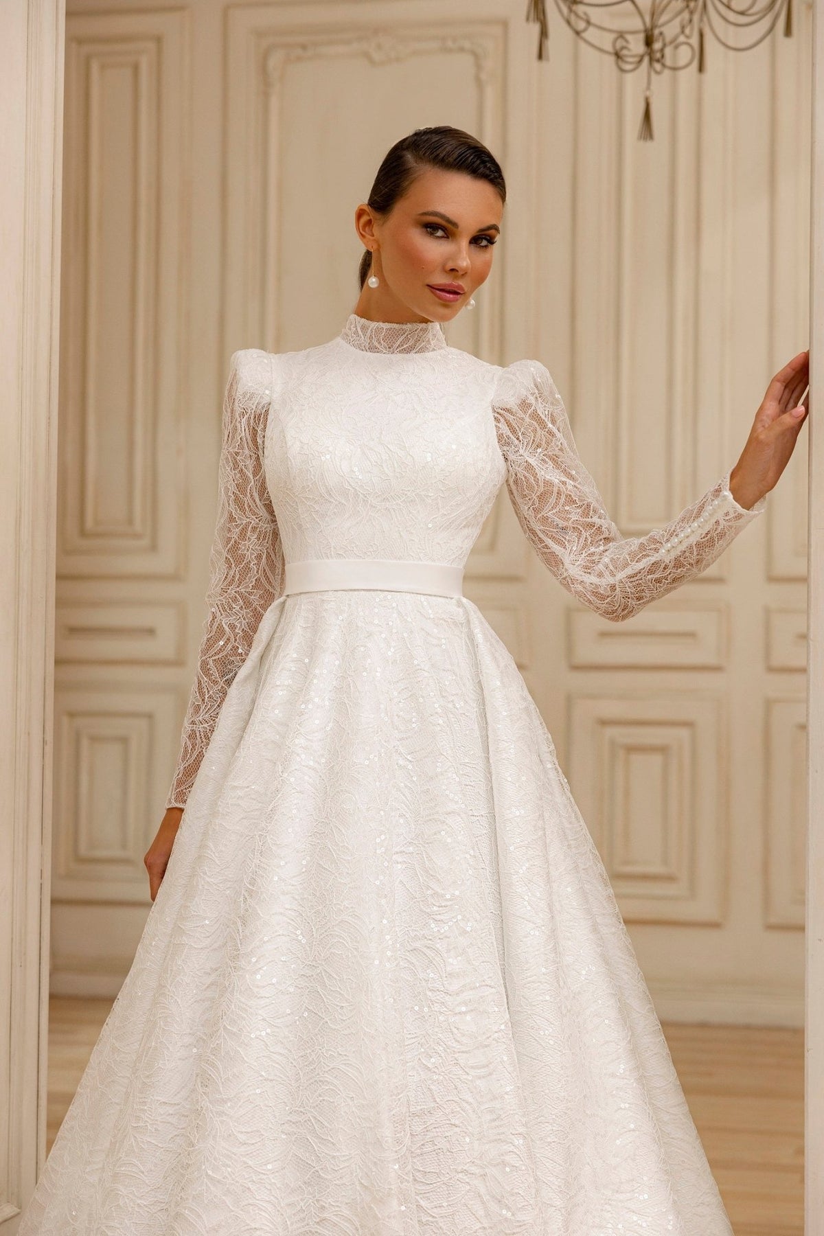 Elegant Modest High-Neck A-Line Wedding Dress with Lace Overlay and Subtle Train Plus Size Size 16W