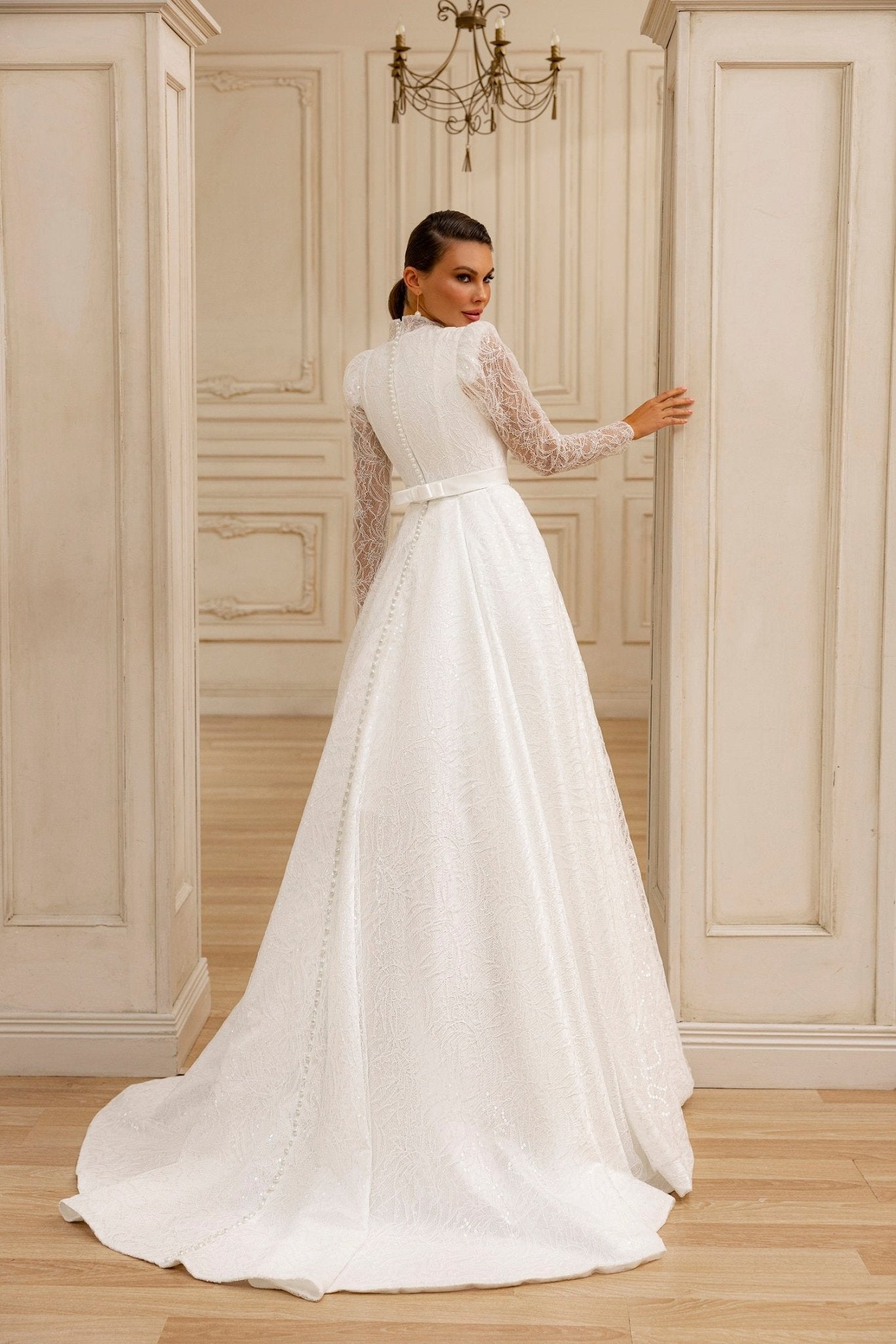 Elegant Modest High-Neck A-Line Wedding Dress with Lace Overlay and Subtle Train Plus Size - WonderlandByLilian